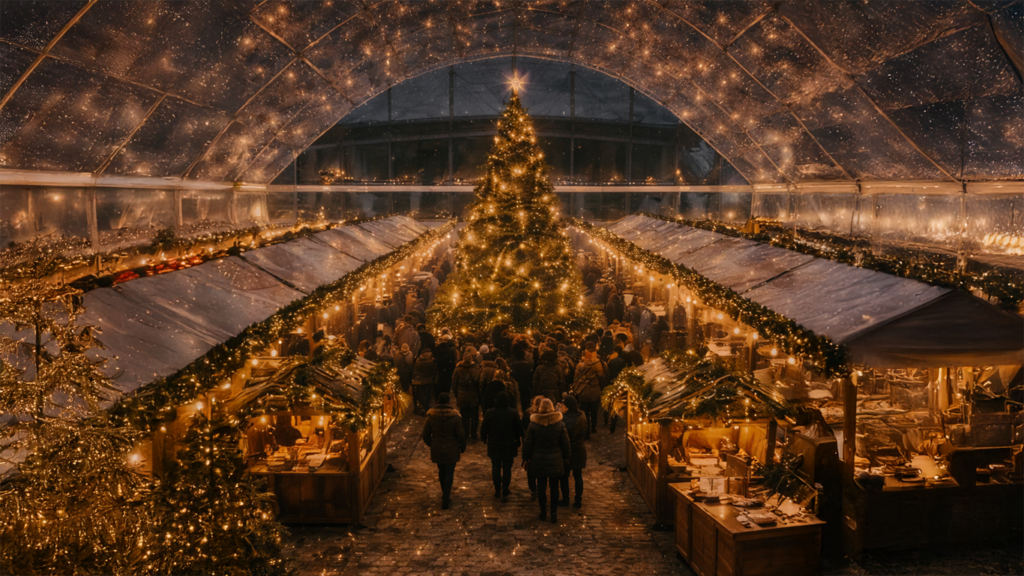 Überdachter Weihnachtsmarkt mit festlicher Beleuchtung